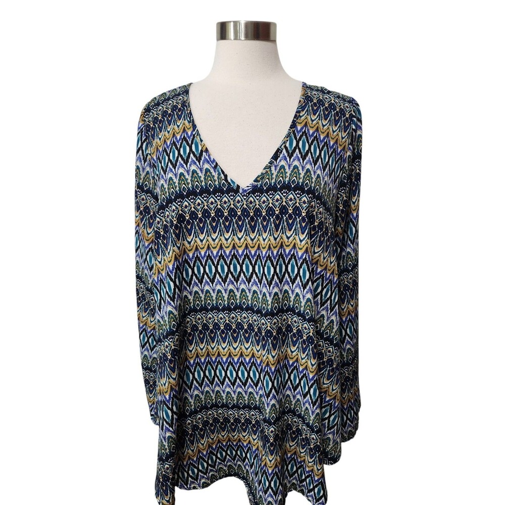 2tee Couture Women L XL Peasant TUNIC Top V-Neck Pullover Long Sleeve BUST 46
